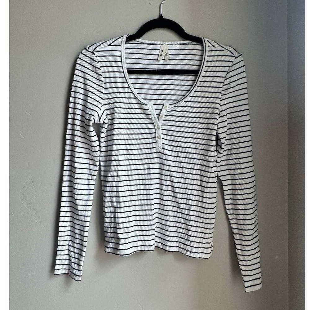 Pact Organic Cotton Ribbed Stripe Henley Long Sleeve Top Y2K Sustainable M